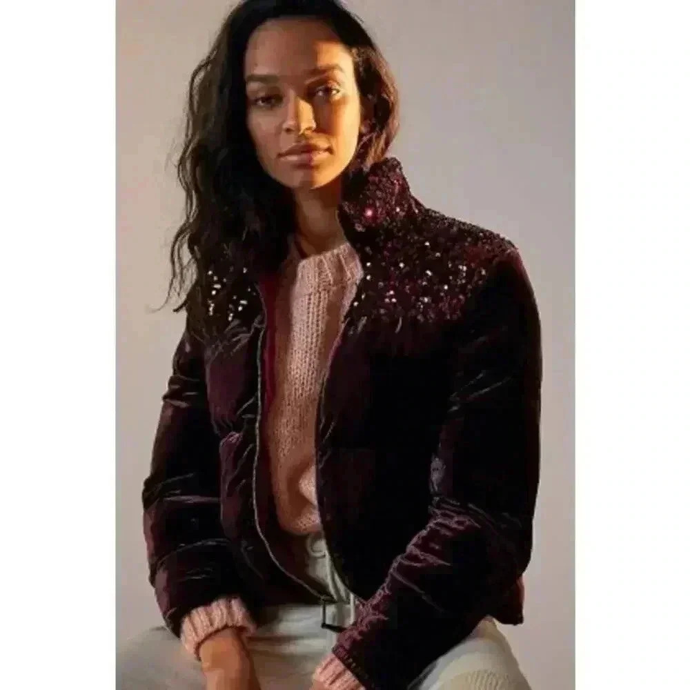 Anthropologie‎ Vera Sequined Velvet Puffer Jacket